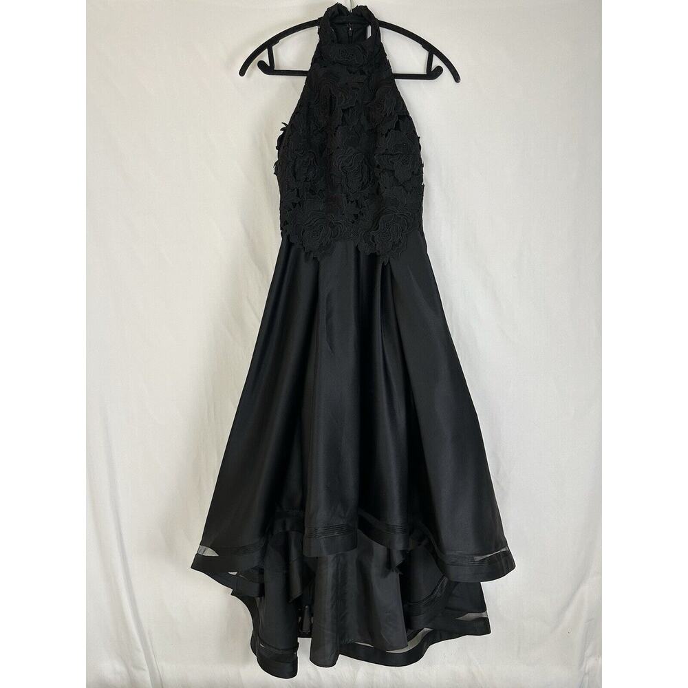 Nicole Miller Black Halter Midi Dress with Floral Appliqué